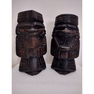 VINTAGE JAPANESE HOKKAIDO AINU CARVED STATUES MAN‎ & WOMAN 7" TALL FOLK ART